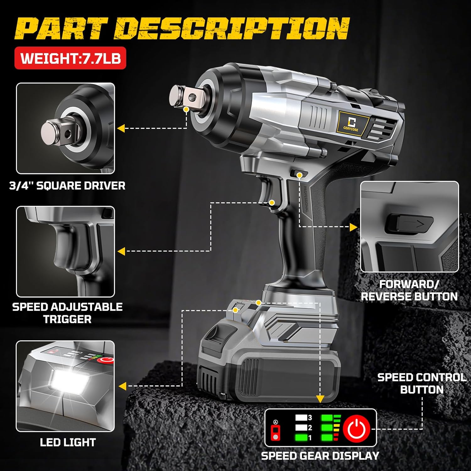 Cordless Impact Wrench 3/4 inch Compatible with 20V Battery, Cerycose1850ft-lbs (2500N.m) Brushless Electric Impact Gun, High Torque Impact Driver, Heavy-Duty Automotive 4 Scoks 2*5AH Battery