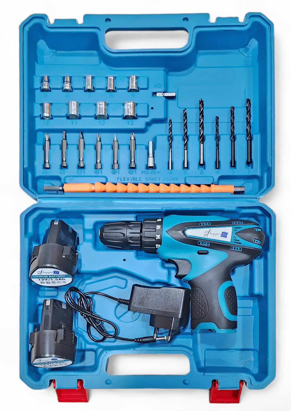 Shopper52 10MM Cordless Drill Kit Set - Blue | High Speed Battery Powered Wall Drilling Machine with 12V Li-ion Batteries | Dual Speed Keyless Chuck Drill Machine With Multiple Drilling Bits