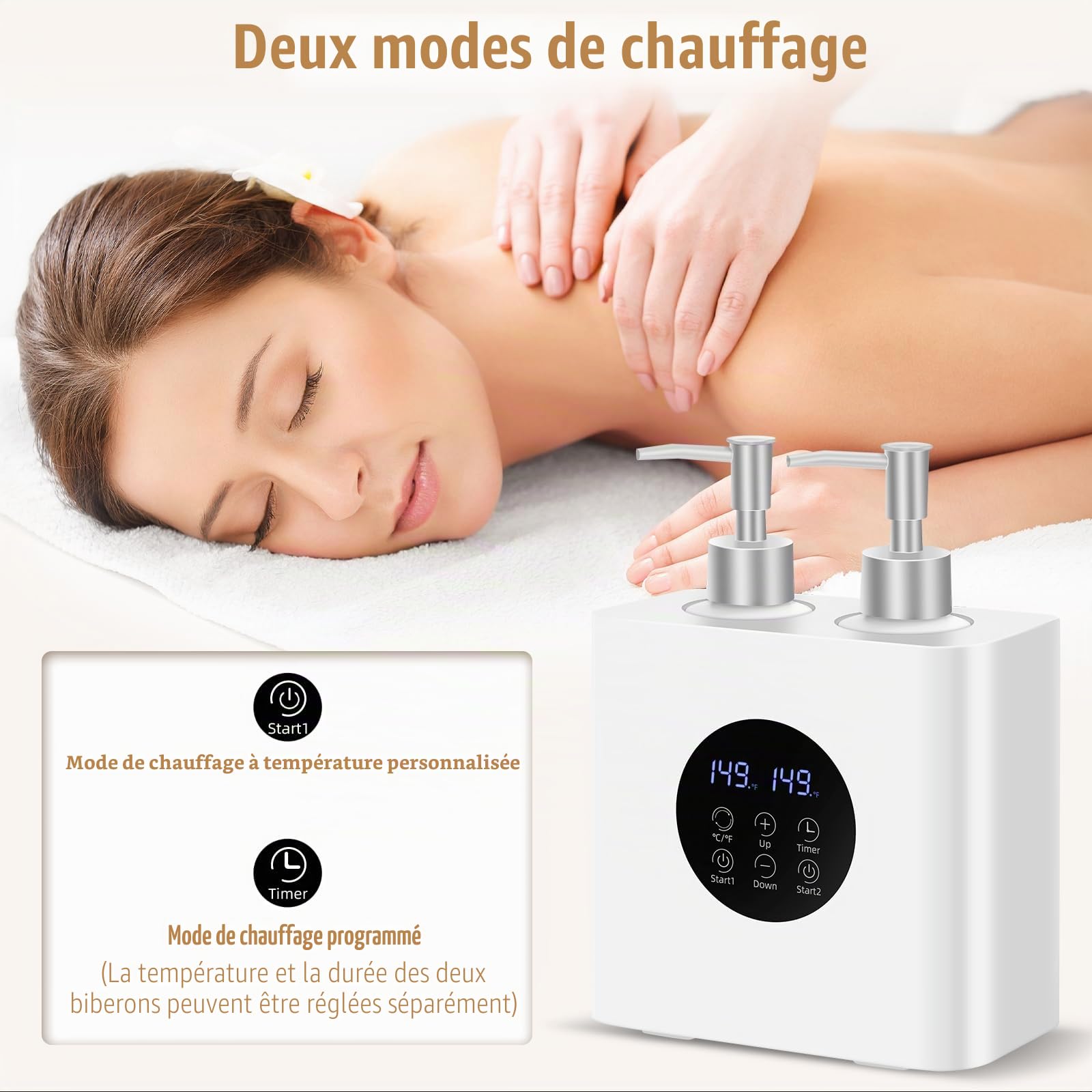Chauffe-huile de massage pour spa, chauffage d'huiles corporelles avec distributeur de 4 bouteilles, chauffage numérique professionnel pour salon de maison, température constante réglable