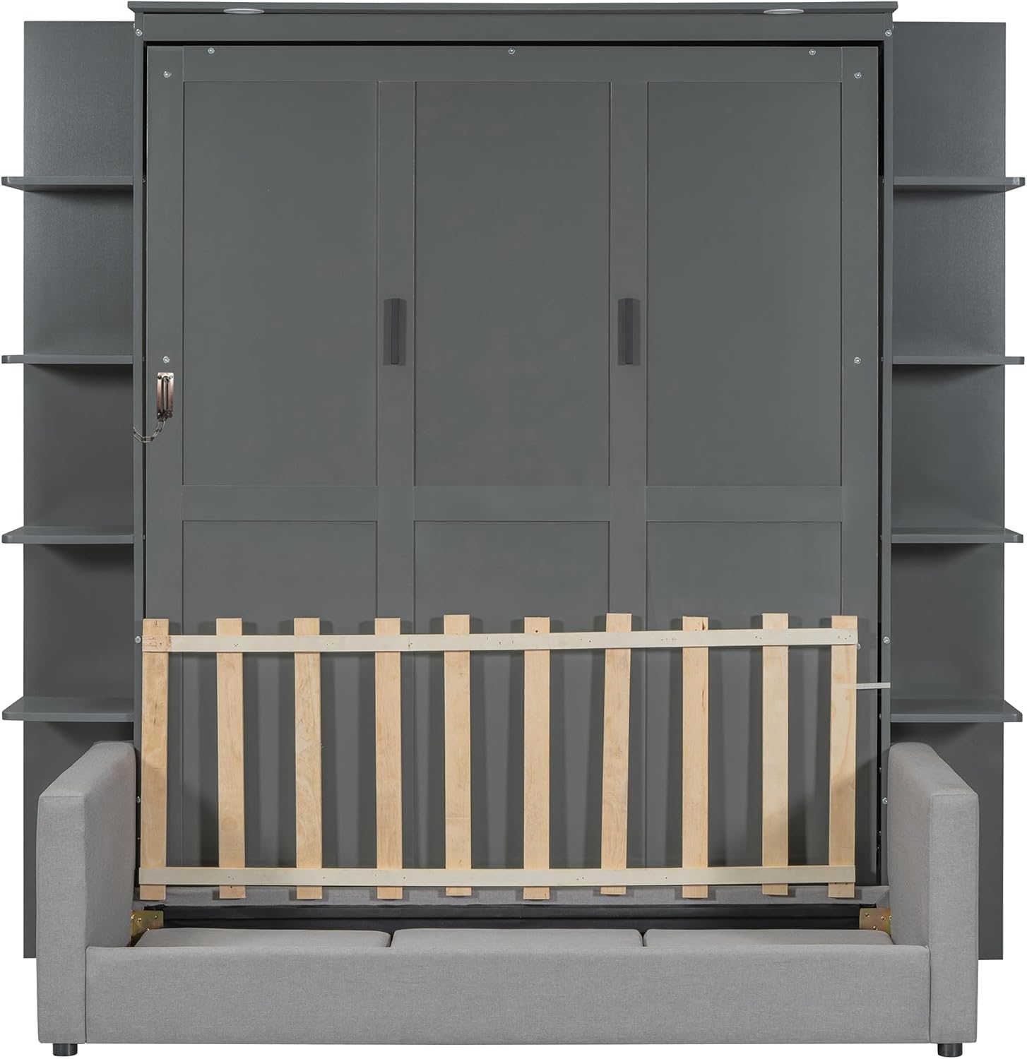 Zadní view of the Merax Queen Size Murphy Bed in the folded cabinet configuration, highlighting the integrated shelving units.