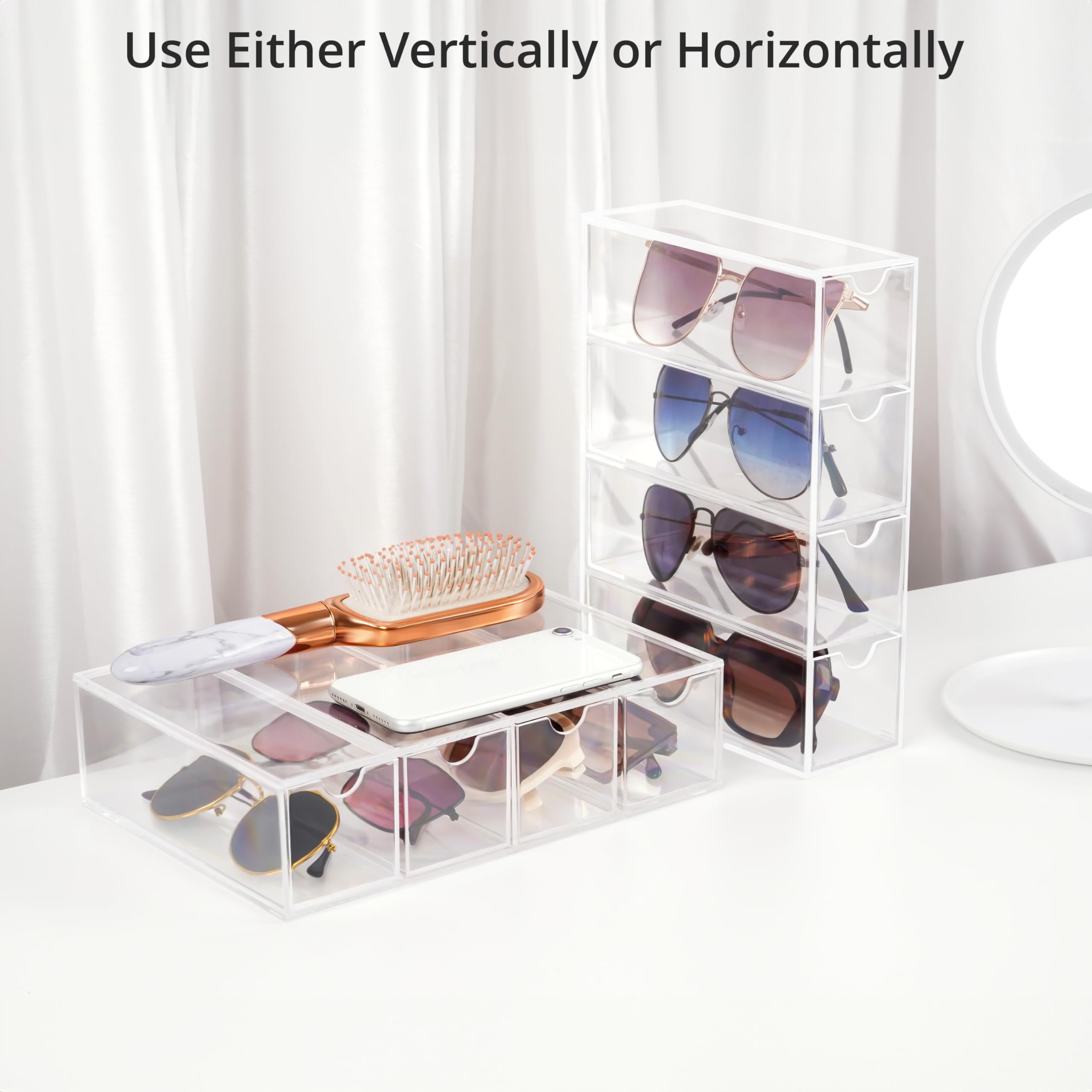 Winter Shore Organizer na Okulary z Akrylu z 4 Szufladami [Zestaw 2szt.] - Przezroczysty Pojemnik na Okulary, Okulary Przeciwsłoneczne i Akcesoria - Zestaw 2 Stosowalnych Organizerów na 8 Par Okularów