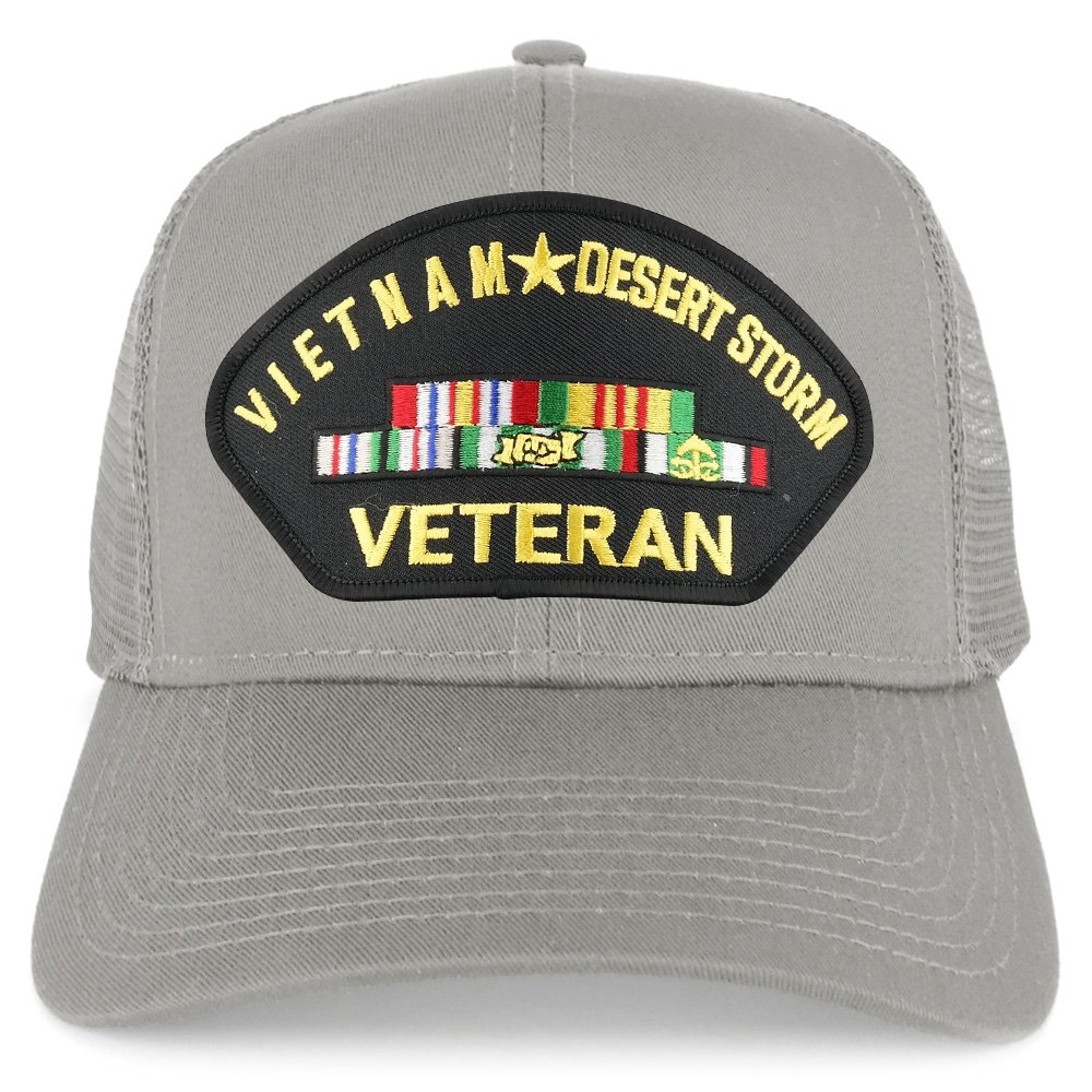 ArmycrewVietnam and Desert Storm Veteran Embroidered Patch Snapback Mesh Trucker Cap - Grey