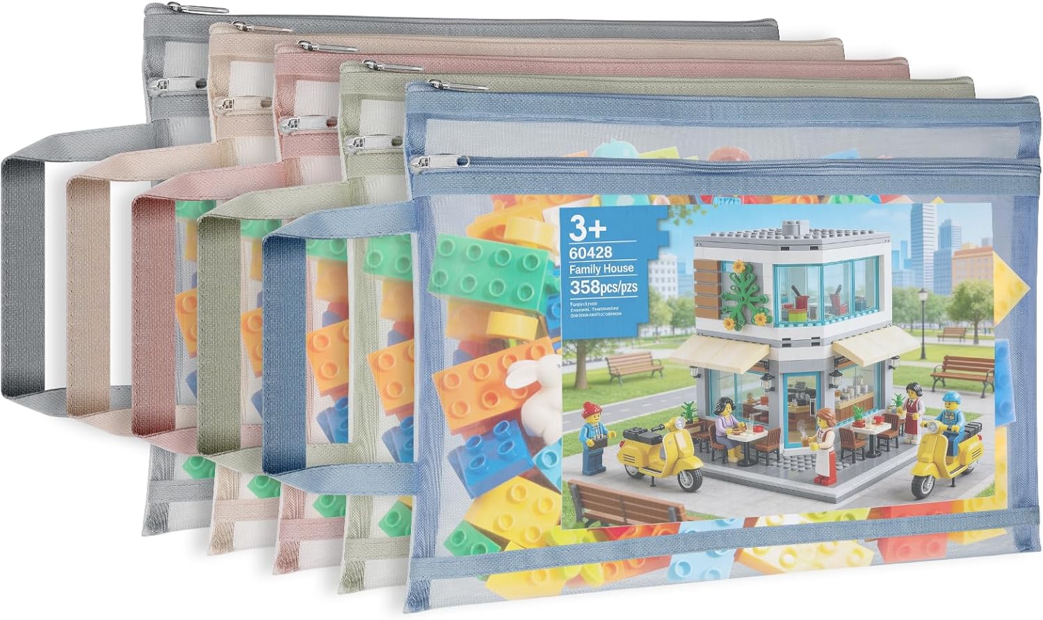 5 Pack Double-Layer Colored Mesh Zipper Pouch Bags with Handles, Nylon A4 Mesh Toy Storage Organizer Bags for Building Blocks, Puzzles, Suitable for Games, School, Office