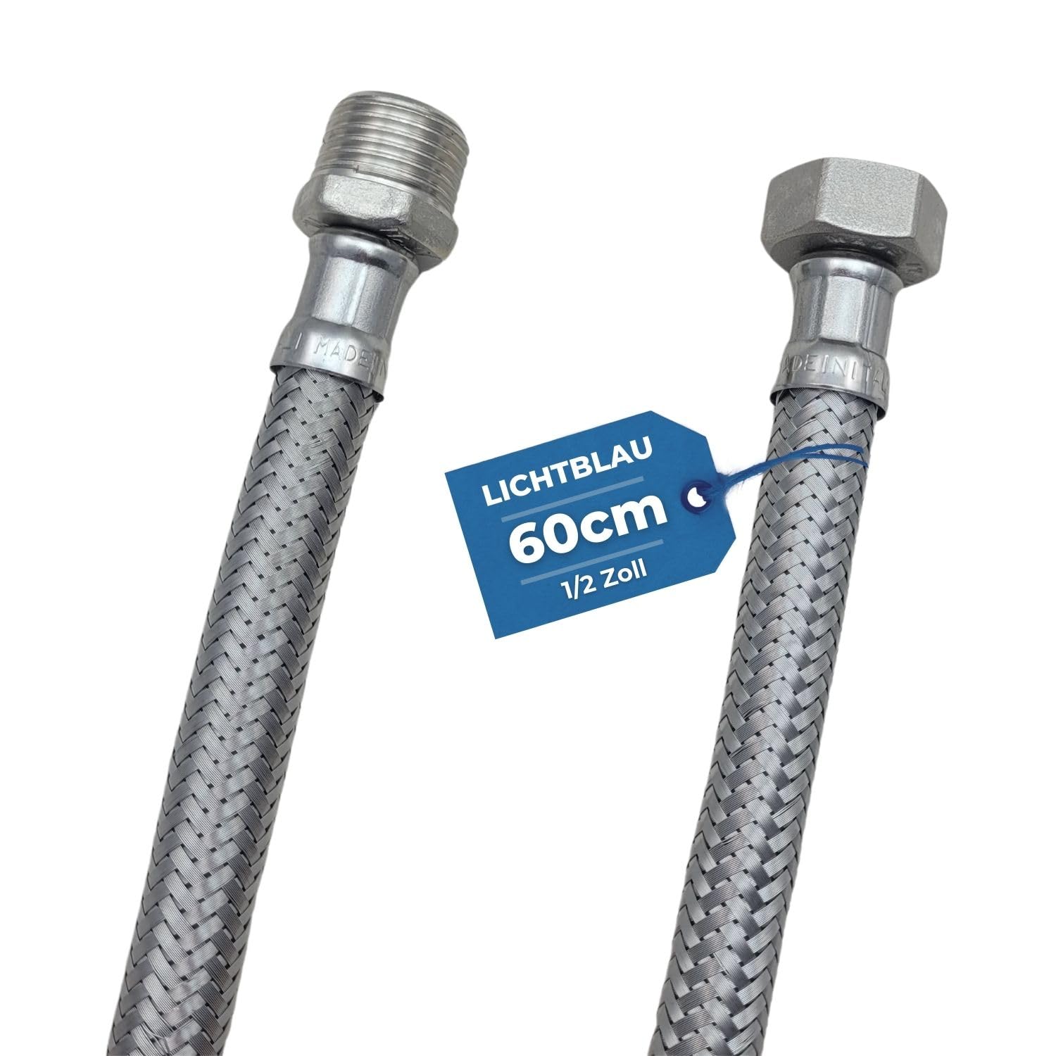 LICHTBLAU manguera de extensión flexible acero inoxidable 60 cm 1/2 pulgada, latiguillo prolongador antitorsión para grifo cocina y baño, agua potable, alta presión, resistente y duradera