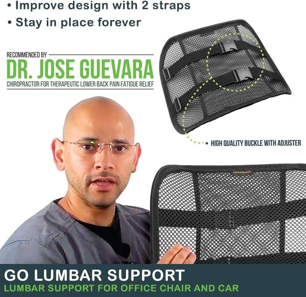 Lumbar Support with Breathable Mesh Layers and Double Sturdy Adjustable Straps, Comfortable Ergonomic Backrest for Office Chair and Car Driver Seat, Posture Cushion and Lower Back Support Pain Relief