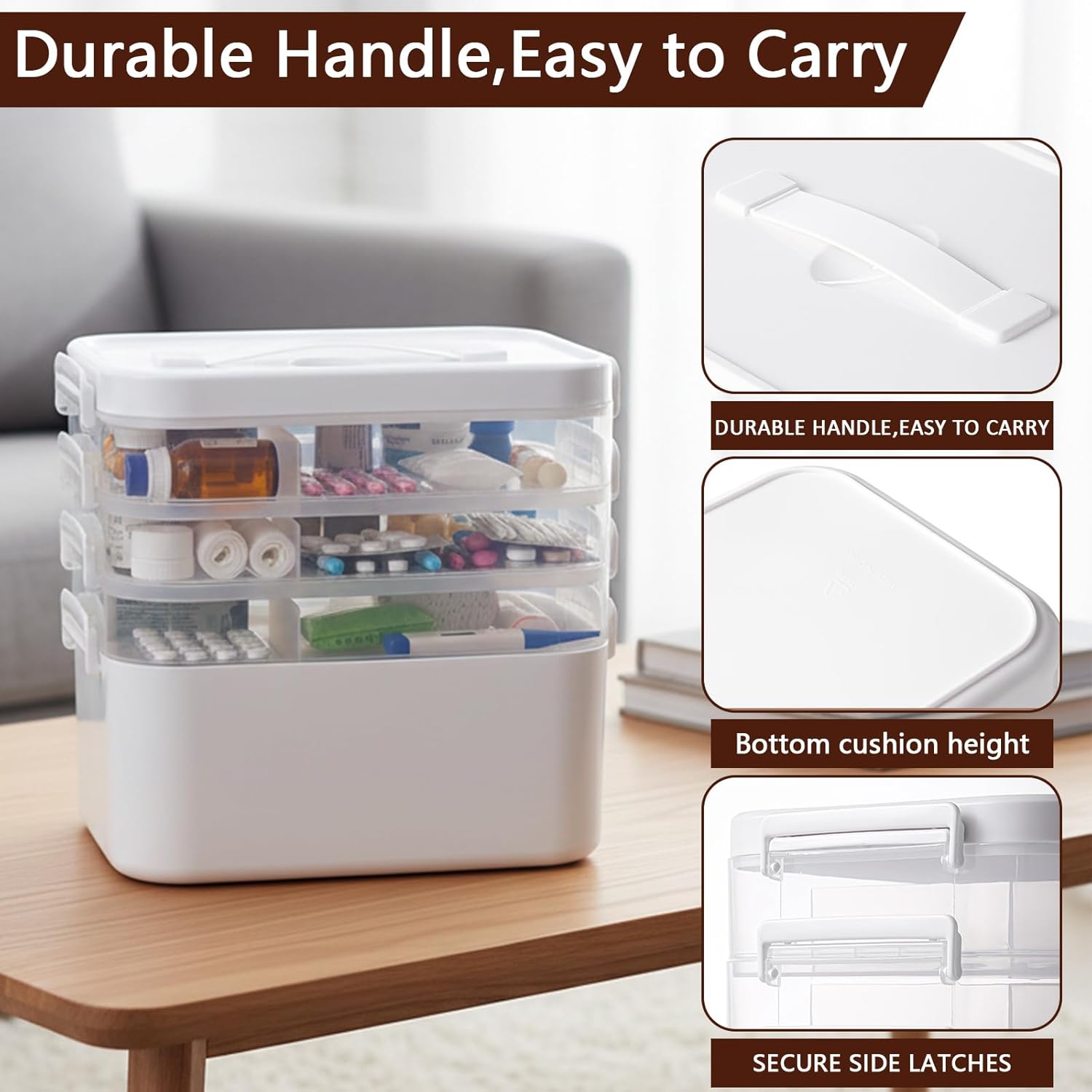 4-Tier Medicine Organizer, Medicine Cabinet Storage Box with 7 Day Pill Organizer 2 Times a Day, Stackable First aid Box with Hidden Handle, Home Organization Essentials