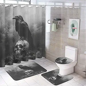 4Pcs Gothic Raven Skull Shower Curtain Set with Toilet Lid Cover Non-Slip Rugs for Bathroom, Retro Horror Crow Misty Forest Shower Curtain Bathroom Sets with Hooks, 72x72 Inch