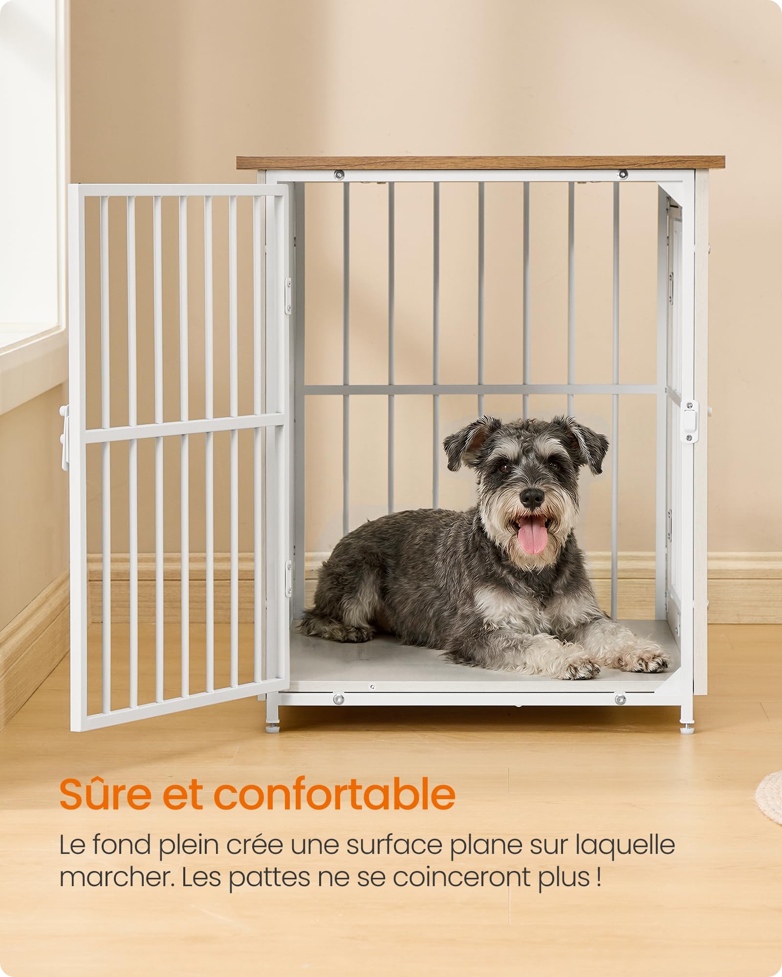 Feandrea Meuble Cage pour Chien, Table d’Appoint, avec Fond Plein, Maison de Chien 2 Portes, 82 x 55 x 64 cm, pour Chiens Jusqu’à 20 kg, Blanc Nuage et Marron Miel PFC022KB01