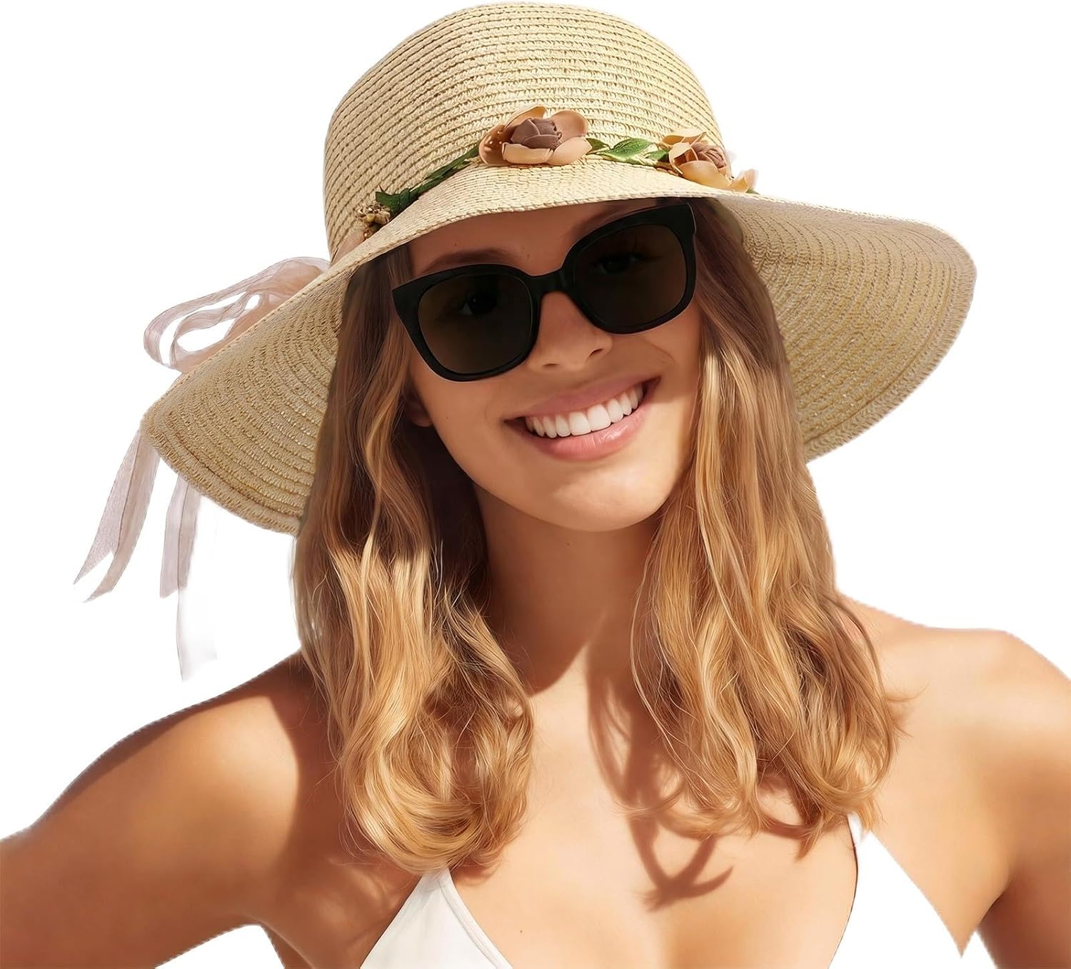 Womens Sun Straw Hat Wide Brim Floppy Foldable Hats Beach Summer Vacation Travel Hat UPF 50+ (Beige-Flowers)