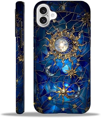 ZHEGAILIAN Case for iPhone 16,Stained Glass Moon Stars for 2 in 1 Hard Shell + Soft Silicone,Shockproof Bumper Drop Protective Case for iPhone 16