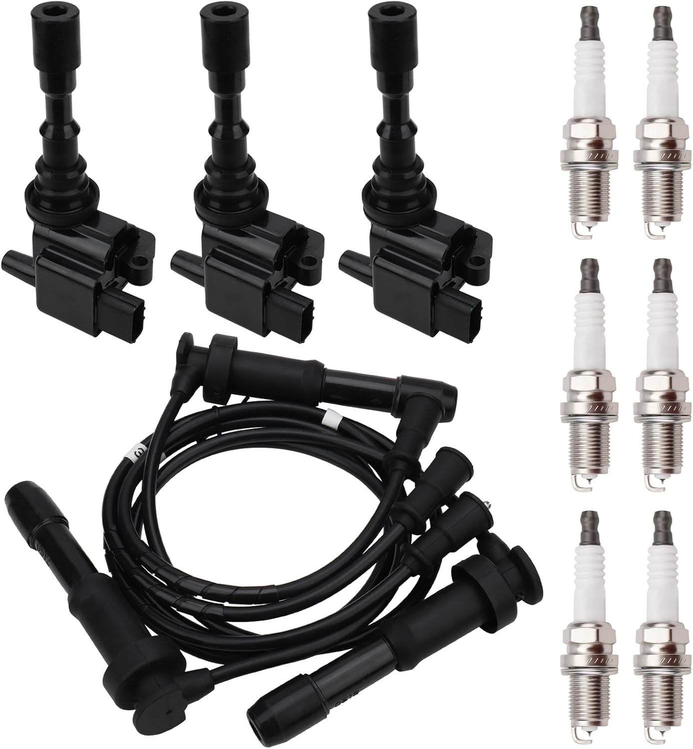 IRONTEK 3PCs Ignition Coil UF432 with 6 Spark Plugs and Wire Set Fit for 2001 for Hyundai XG300, 2002 for Hyundai XG350, 2002 2003 2004 2005 for Kia Sedona, Replacement for UF432 2730039000 C1353