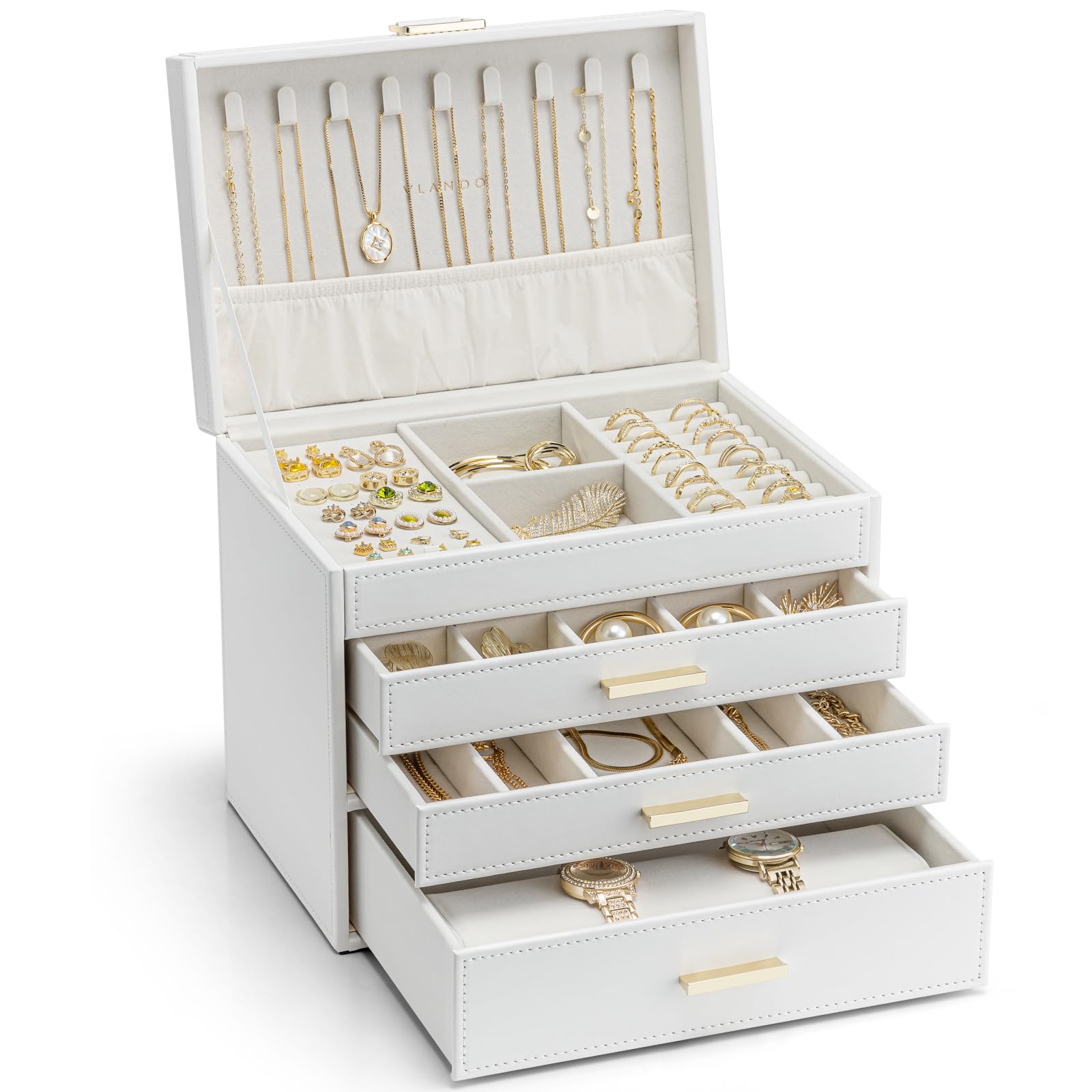 VLANDO Modern Schmuckkästchen Groß,Schmuckaufbewahrung mit 4 Ebenen,Schmuckschatulle Damen, für Ohrringe, Ringe Schmuck Aufbewahrung, mit Schubladen, Spiegel, Uhrenkissen, Geschenk für frauen