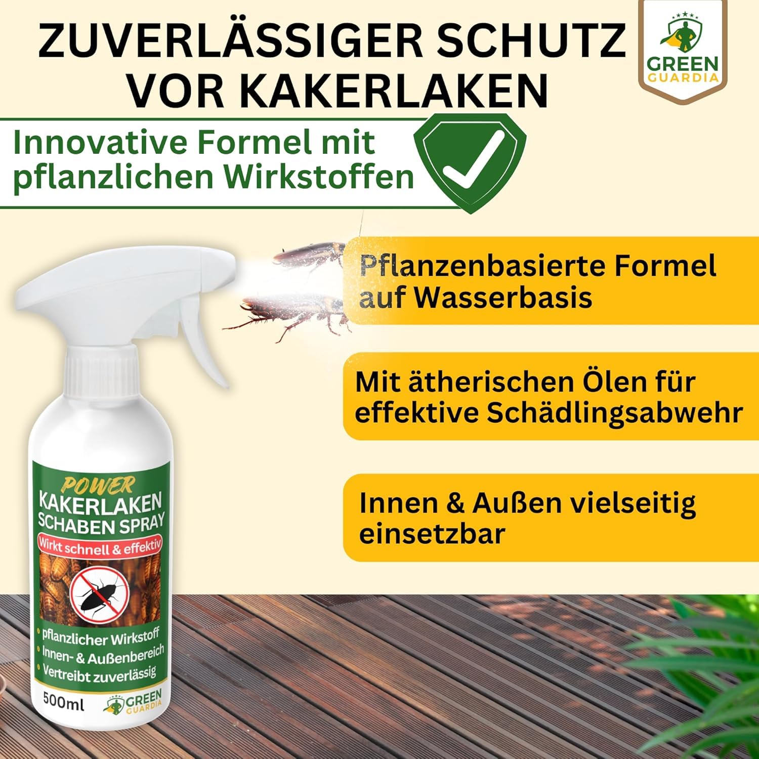 GREEN GUARDIA Kakerlaken/Schaben Abwehrspray – Sprühfertiges Power Konzentrat mit pflanzlichen Ölen | 500 ml für Innen & Außen | sofort, effektiv & nachhaltig