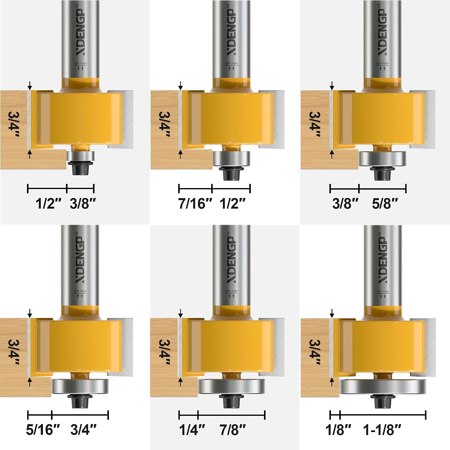 Rabbet Router Bit Set 1/2 Shank, Rabbeting Router Bits 1pcs with 6 Bearings for Interchangeable and Adjustable Multi Depths Cutter 1/8", 1/4", 5/16", 3/8", 7/16", 1/2"