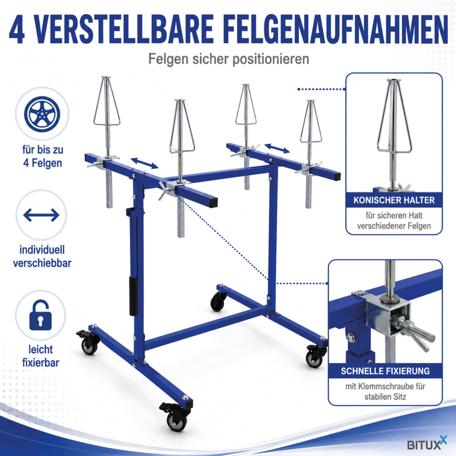 BITUXX Felgenlackierständer bis 100 kg - Mobiler Felgenständer für 4 Felgen - Verstellbare Aufnahmen, Stahlrahmen und Lenkrollen mit Bremse - Zum Lackieren, Trocknen und Aufbereiten