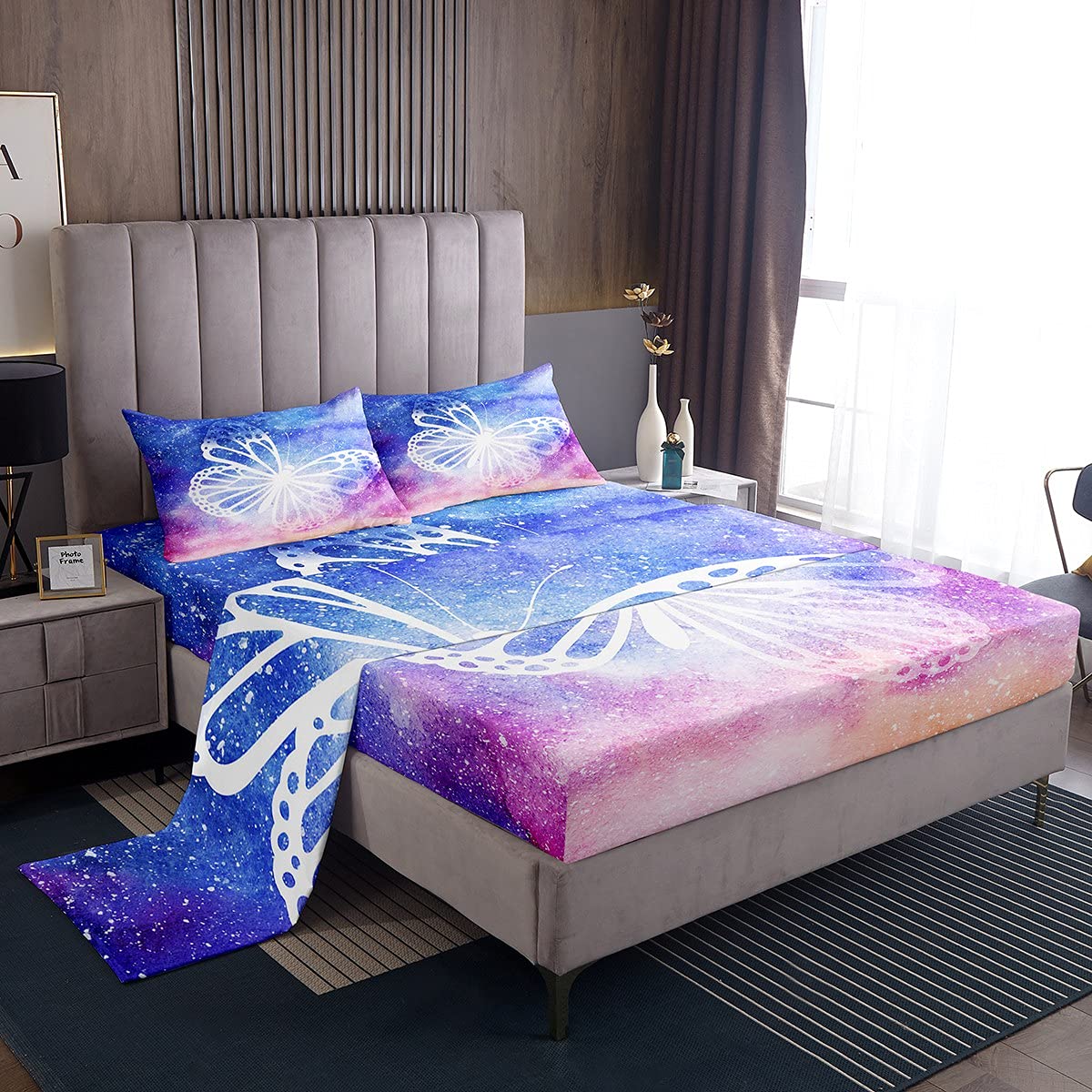 Castle Fairy Butterflies Printed Sheet Set Kids Boys Girls Butterfly Wings Fitted Sheets Set Full Size Galaxy Bedding Sheet Sets Includes 1 Flat Sheet,1 Fitted Sheet,2 Pillowcases