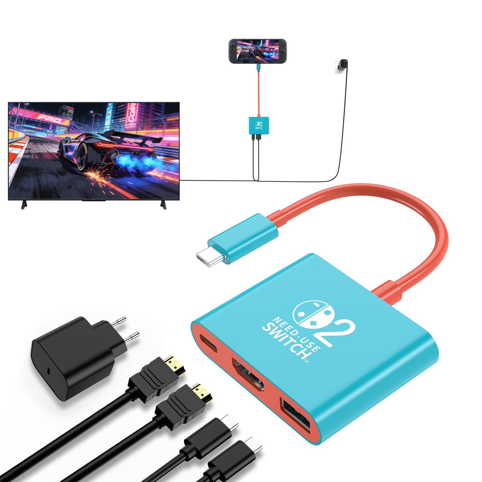 Switch 2 Dock with 60W Charger and HDMI Cable, Portable Switch 2 Dock Replacement for NS2 Official Dock, Supports 4K/60Hz TV Mode, HDMI 2.0, PD 100W Fast Charging, USB 3.0