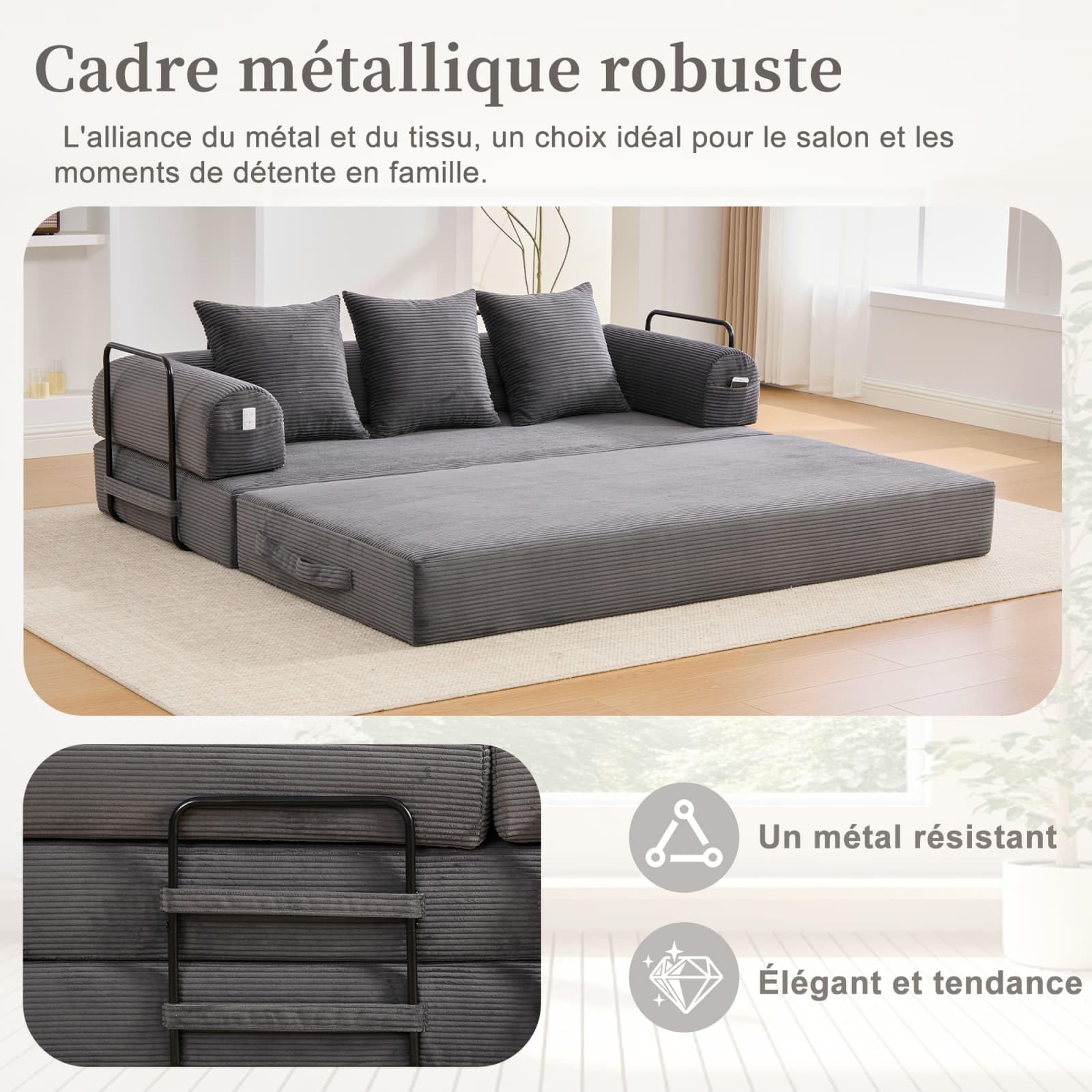 KOMHTOM Canapé 3 Places en Velours Côtelé avec 3 Coussins Confortables, DIY Libre et Structure Métal - Canapé Convertible Moderne (Gris foncé-B)