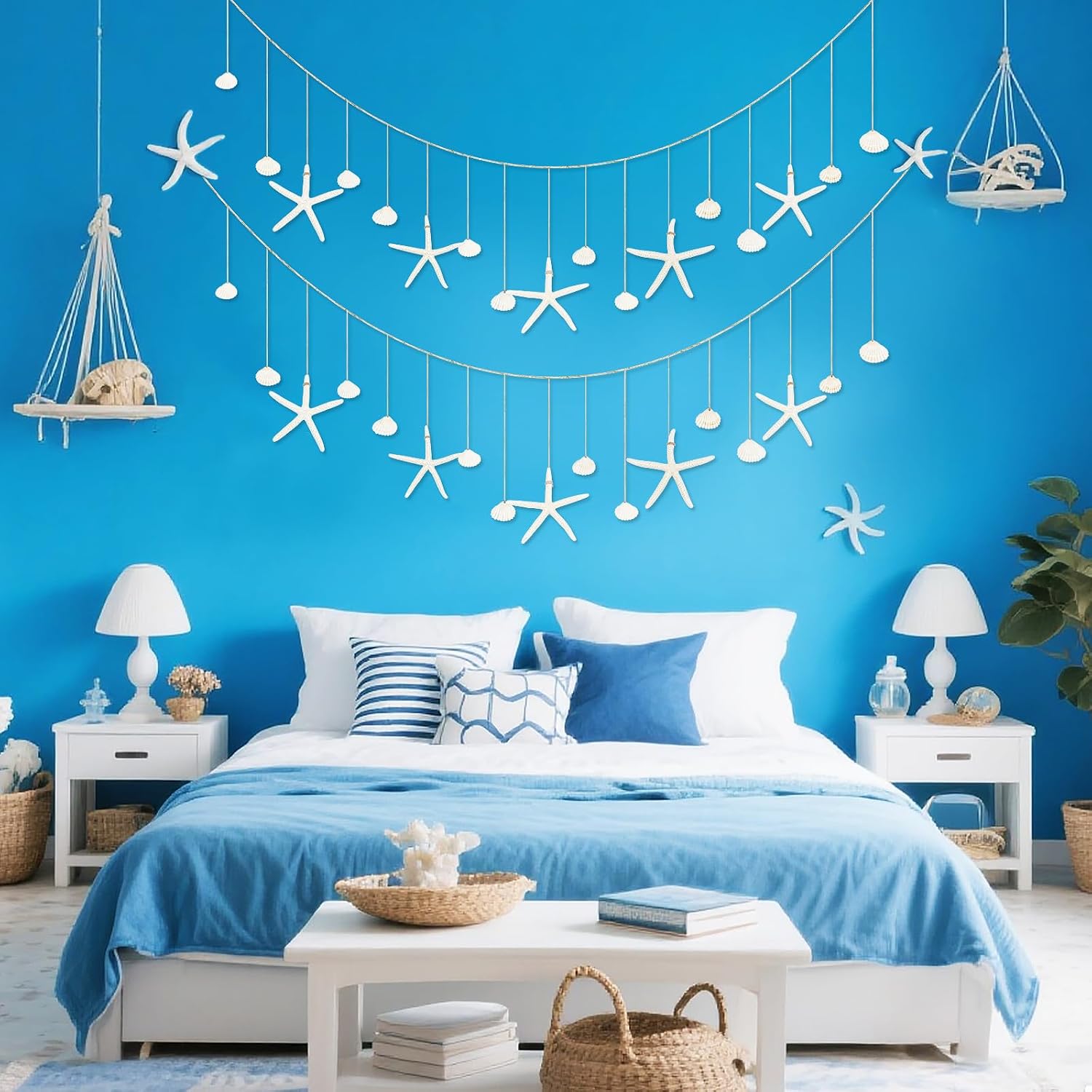 2 PCS Starfish Sea Shell Garland Starfish Sea Shell Banner Beach Seashell Garland for Coastal Beach Themed Ocean Coastal Nautical Party Birthday Wedding Baby Shower Decoration DIY Decor