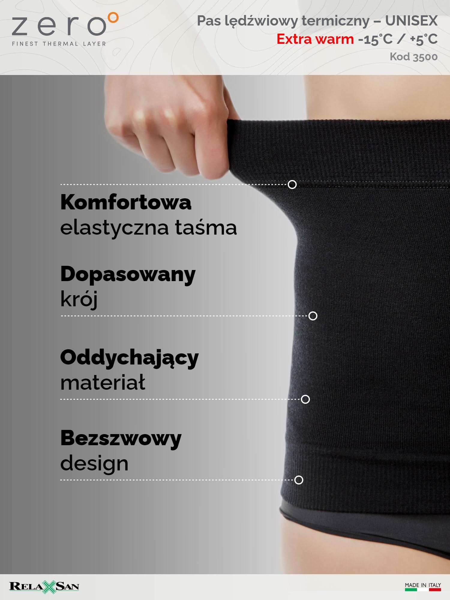 Relaxsan Zero 3500 Termoaktywny Pas Lędźwiowy Unisex Ciepły Miękki Wełna Merynosowa