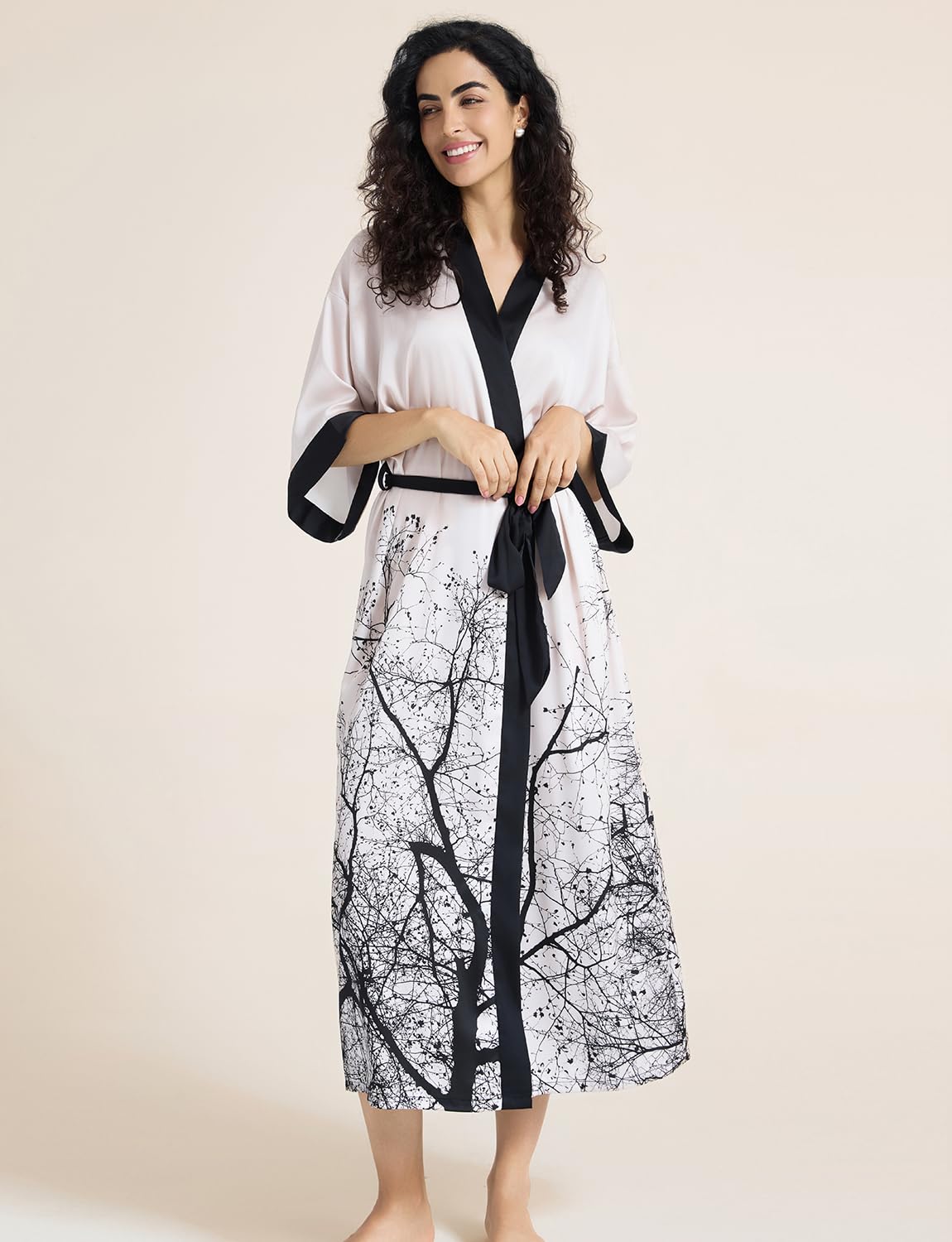 Kimono long en satin pour femme - Imprimé floral