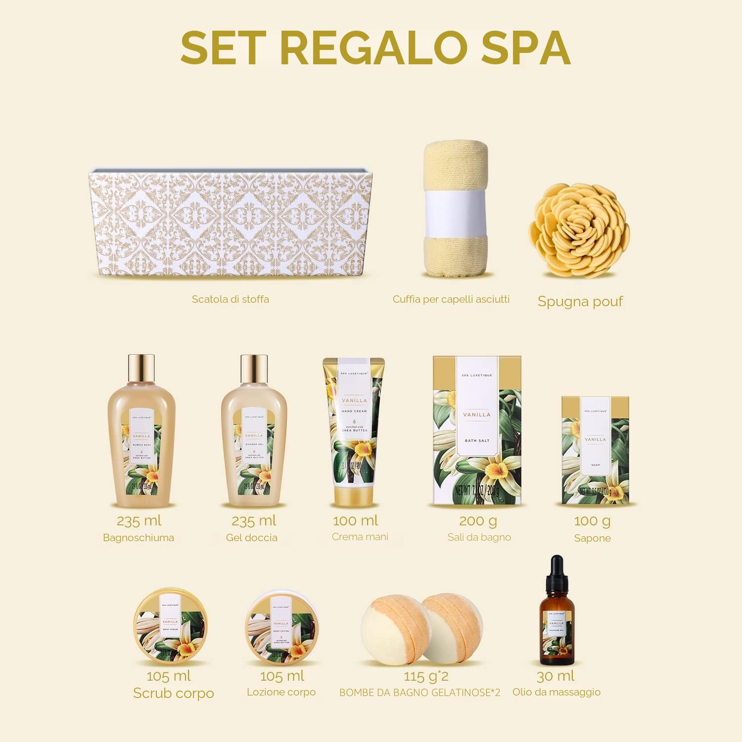 SPA LUXETIQUE Set regalo per fidanzata – 12 pezzi, profumo di vaniglia con sali da bagno, bombe, gel doccia, crema per le mani, turbante per capelli con bottone, Natale Regalo Festa della Mamma