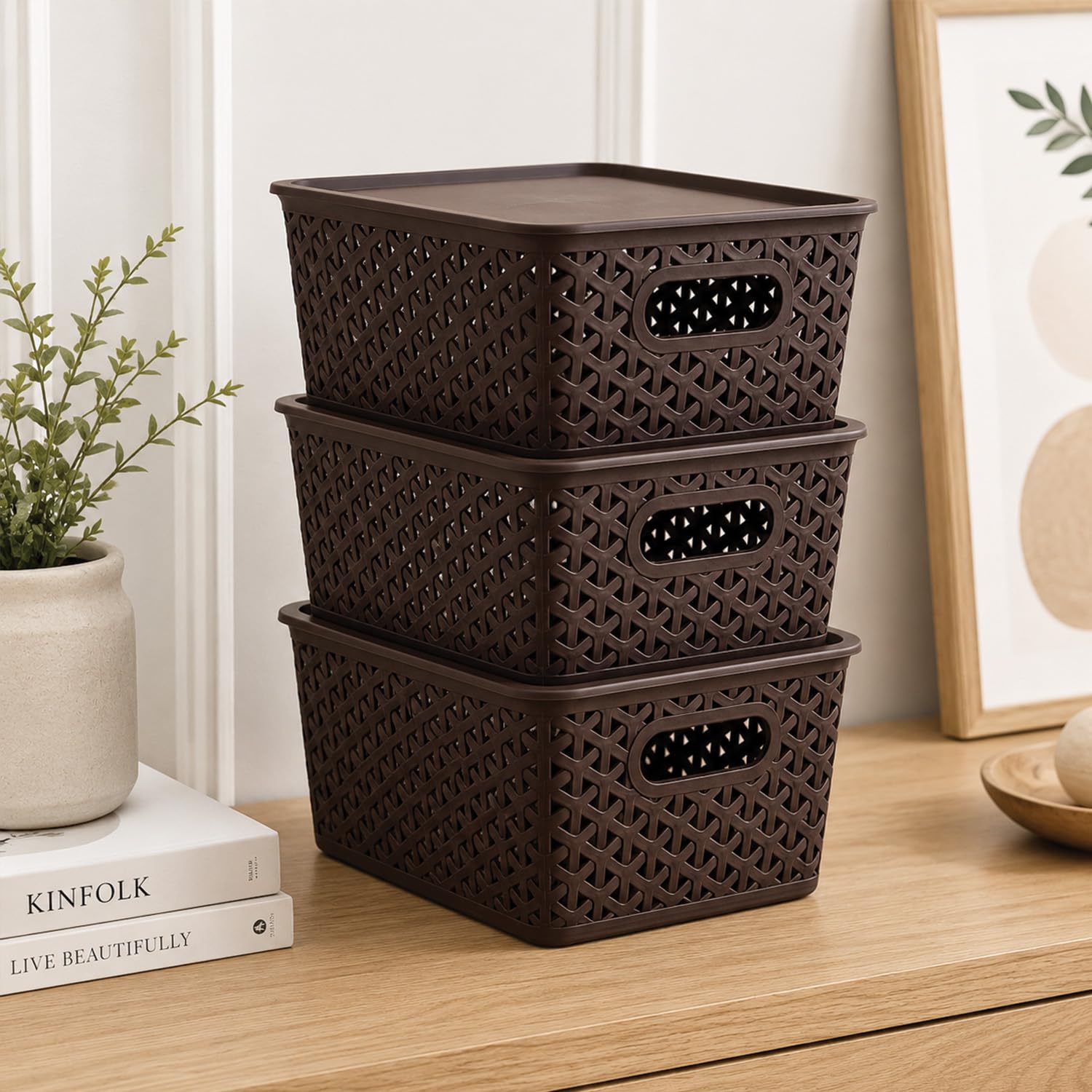 HomeStrap Set of 3 Plastic Storage Organizers/Baskets With Lid For Kitchen, Clothes, Multipurpose Vegetables, Toys, Books, office, Stationery, Wardrobe (Small|Brown) Rectangular-image-40
