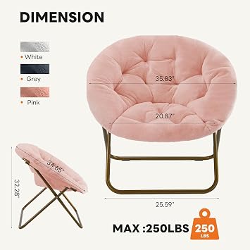 Sweetcrispy Saucer Chairs, Comfy Folding Cozy Faux Fur Living Room Reading Lounge Chair with Soft Thick Padded Seat & Metal Frame Modern Style Bedroom Home Dorm for Kids Adults, X-Large - Peach