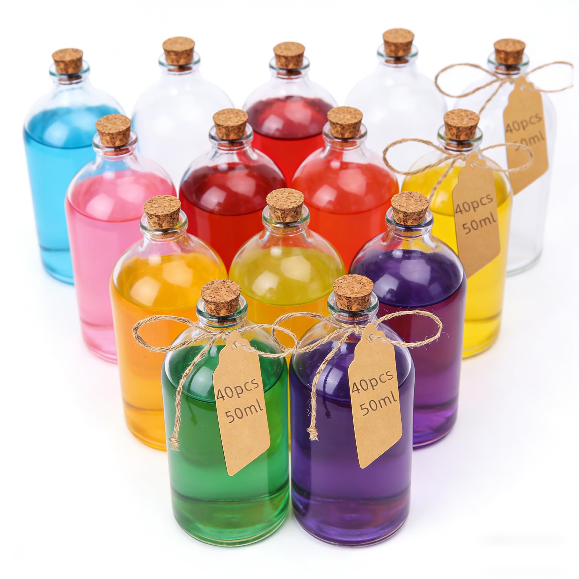 40 sztuk mini szklanych butelek z korkiem, szklane butelki 50 ml na upominki weselne, szklane butelki z korkowymi korkami, etykiety i sznurek do dekoracji rzemieślniczych, weselnych