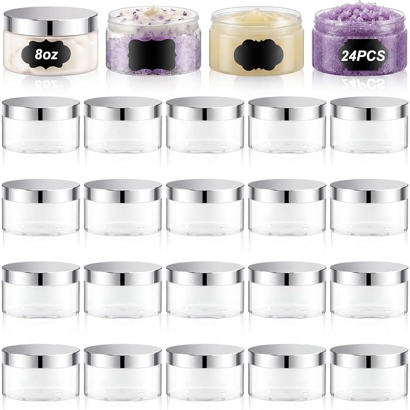 Potes cosméticos Dandat de PET transparente com tampas prateadas e etiquetas, Pacote com 24