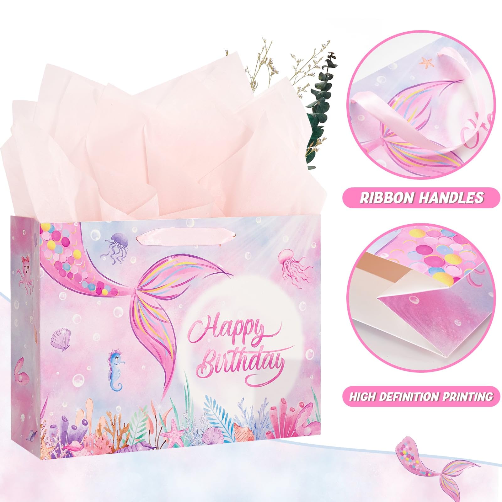 WERNNSAI Mermaid Birthday Bag – 13” Large Birthday Gift Bags for Girls with Greeting Card, Tissue Paper and Handles – Mermaid Gift Bag for Girls' Party