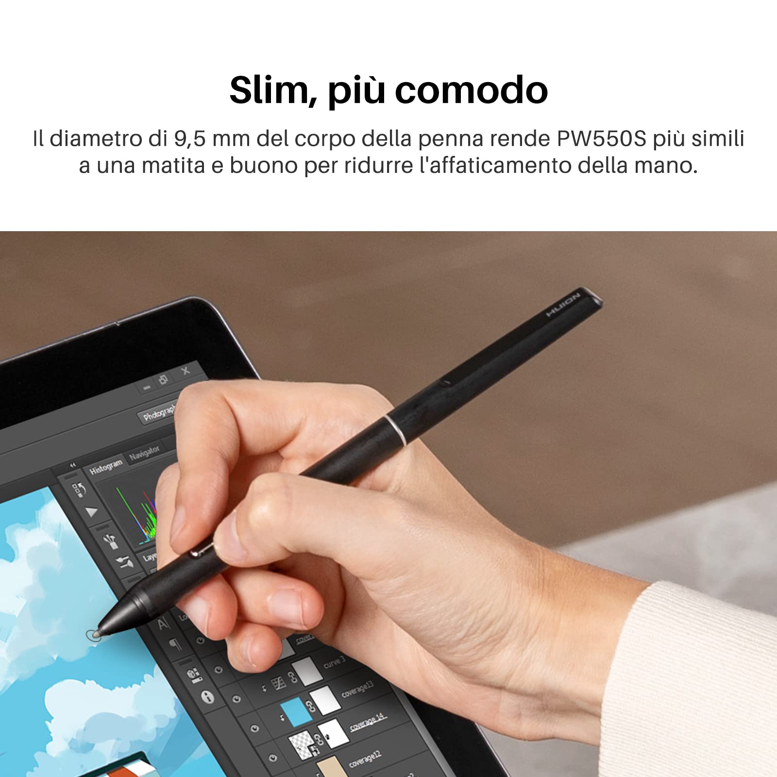 HUION PW550S Sottile Penna Stilo Digitale senza Batteria, Nuova Tecnologia Pentech 3.0+, Impugnatura più Sottile, Sensibilità alla Pressione Più Alta, Maggiore Precisione e Maggiore Compatibilità