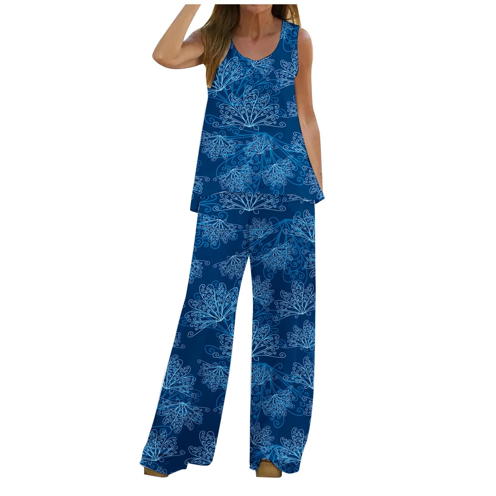 Gefomuofe Conjunto de dos piezas para mujer, camiseta y pantalones de verano, camiseta y pantalones largos, tallas grandes, traje de lino ligero y aireado, tallas grandes, conjunto de lino para mujer