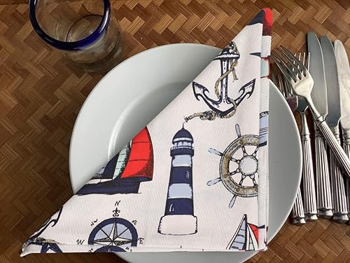 Miniatura 2 de Juego de 12 servilletas de tela de algodón, lavables, con estampado de faros, de gran tamaño, con esquinas ingletadas, ultra suaves, duraderas,