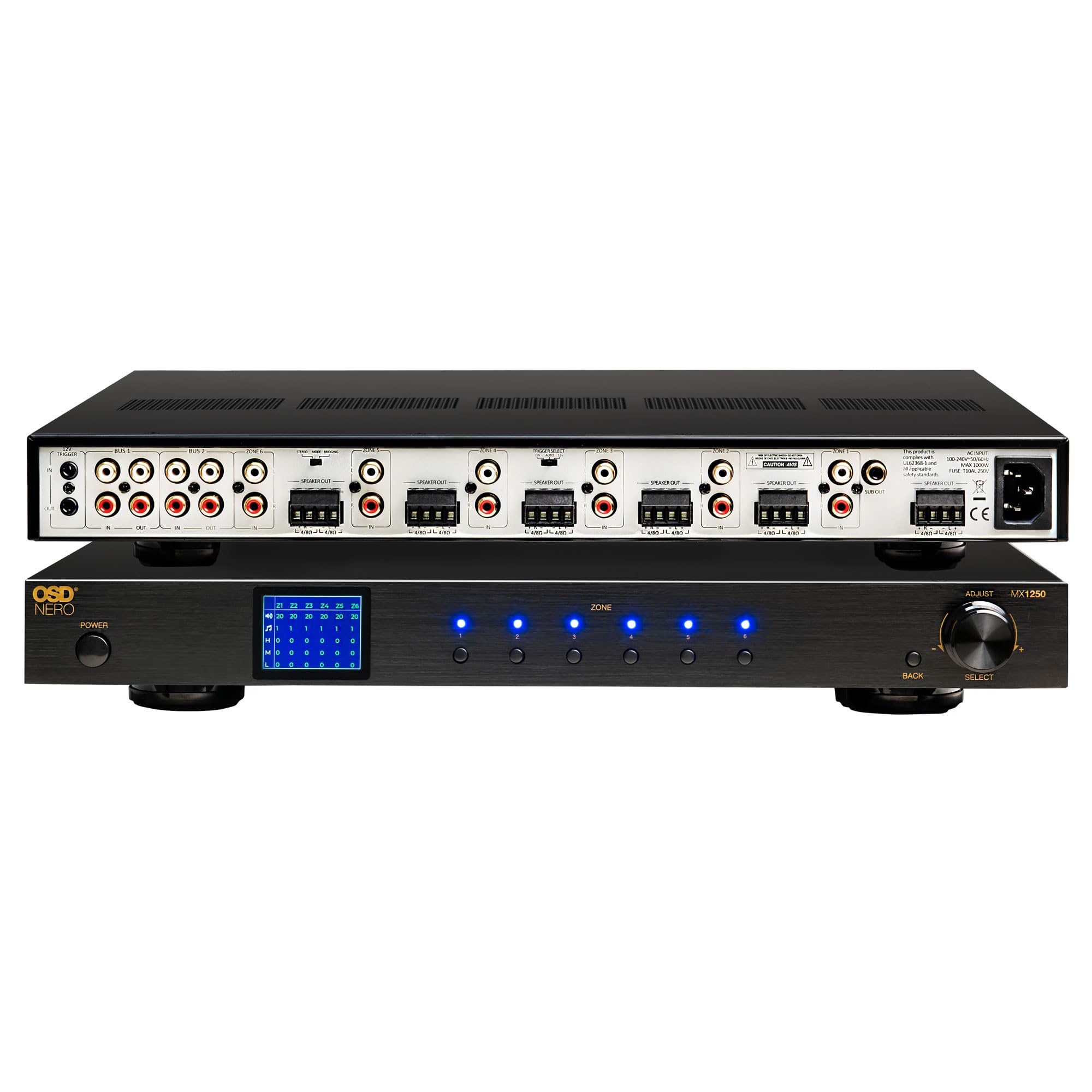 OSD Nero MX1250 DSP Matrix Amplificatore a 12 canali, sistema audio multi-room a 6 zone per tutta la casa, ingressi dual bus, equalizzatore per zona, potenza di classe D, amplificatore di