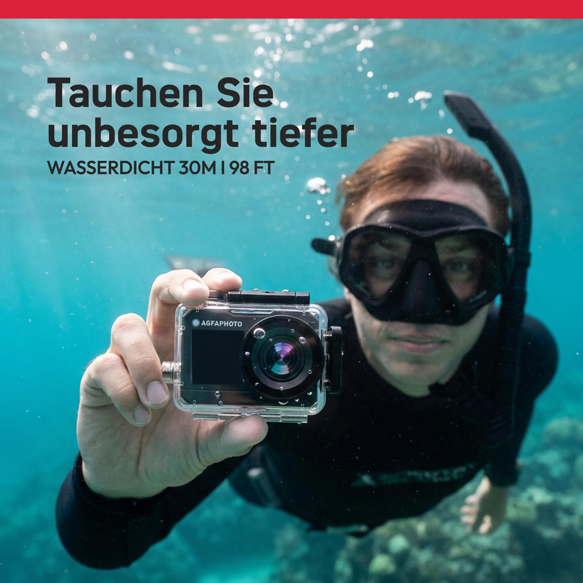AgfaPhoto - Sportkamera - AC7000 - True 2.7K 30FPS, Doppelter Touchscreen, 120° Weitwinkel, Wasserdichtes Gehäuse 30m - WiFi - 10 Zubehörteile inklusive