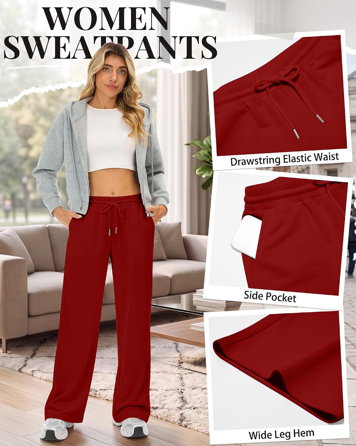 Huukeay Women's Wide Leg Sweatpants Elastic Low Rise Drawstring Sweat Pants Trendy Casual Lounge Baggy Pants with Pockets