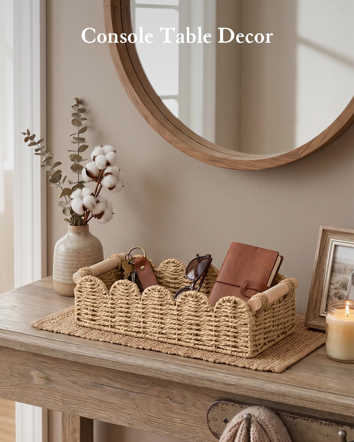 Toilet Paper Storage Basket for Toilet Tank, Bathroom Organizer | Scalloped Decorative Basket for Bathroom Home Decor, Woven Basket for Shelves, Living Room, Countertop, Paper Rope, Beige
