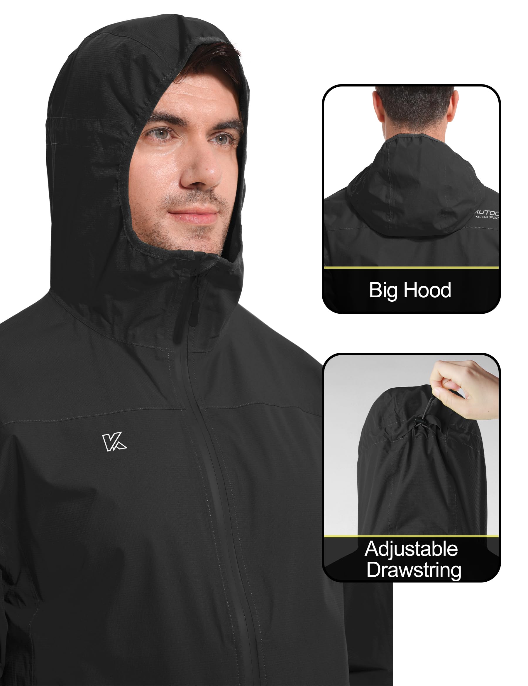 KUTOOK Veste de pluie imperméable à capuche légère et respirante pour homme, pour cyclisme, randonnée, course à pied, taille S à 3XL