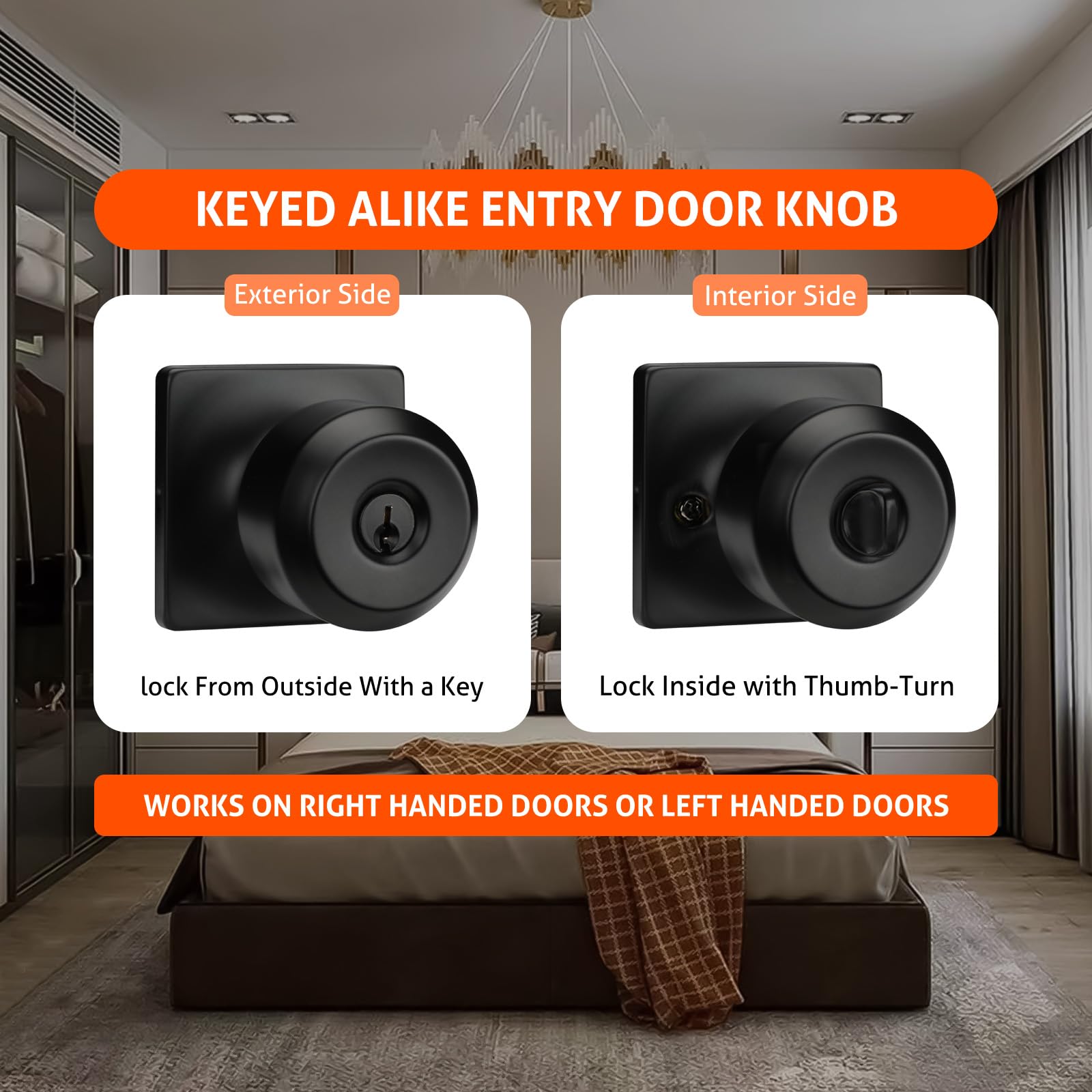 Haidms Paquete de 5 pomos de puerta negro mate con cerradura y llave, pomos de puerta de entrada exterior, pomos de puerta delantera negra, pomos de puerta de bloqueo con llaves, pomos de puerta