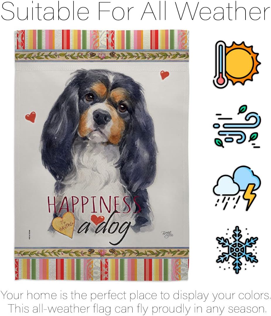 Breeze Decor Cavalier Spaniel Happiness House Flag Pack Dog Puppy Spoiled Paw Canine Fur Pet Nature Farm Animal Creature Vintage Applique Banner Small Garden Yard Gift Double-Sided, Made in USA