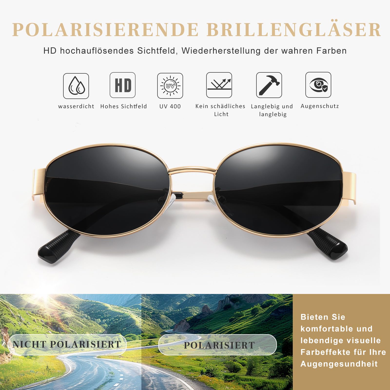 Sonnenbrille Damen-Polarisiert-Unisex-Herren-Gold-Metal-Retro-Oval-Trendy-Sonnenbrillen-Vintage-Uv400-Classic-Ultraleicht-Schutz，Geeignet FüR Camping-fotografie-Outdoor-Geschenke für frauen-9