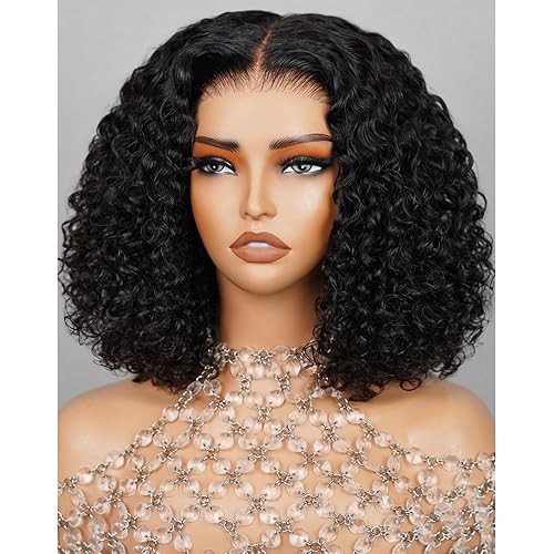 Arabella 5x6 Wear and Go Glueless Wigs Human Hair 210% Density Deep Curly Bob Wig Lace Front Wig Human Hair Pre-Cut Lace Wigs Pre Bleached Tiny Knots Bob Wig Human Hair(12inch, 5x6 DC Glueless Bob)