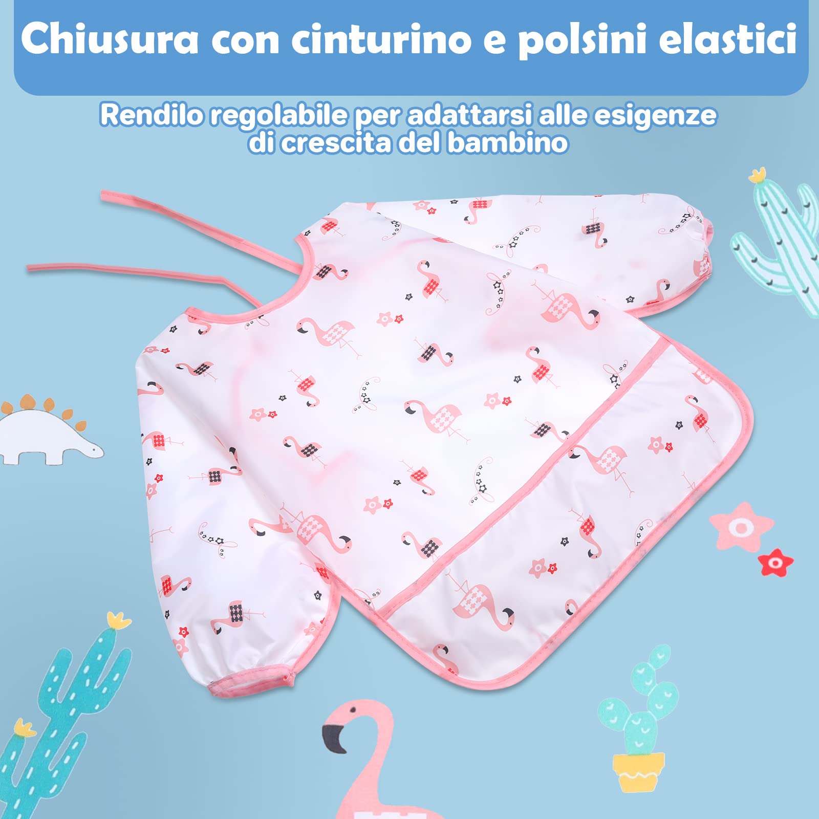 Lictin 5 pezzi Bavaglino a Manica Lunga - Bavaglino Impermeabile Unisex per Bambini Piccoli Da 2 anni a 5 anni bambino,Orso, cactus, renne, fenicotteri, dinosauri Design(L)