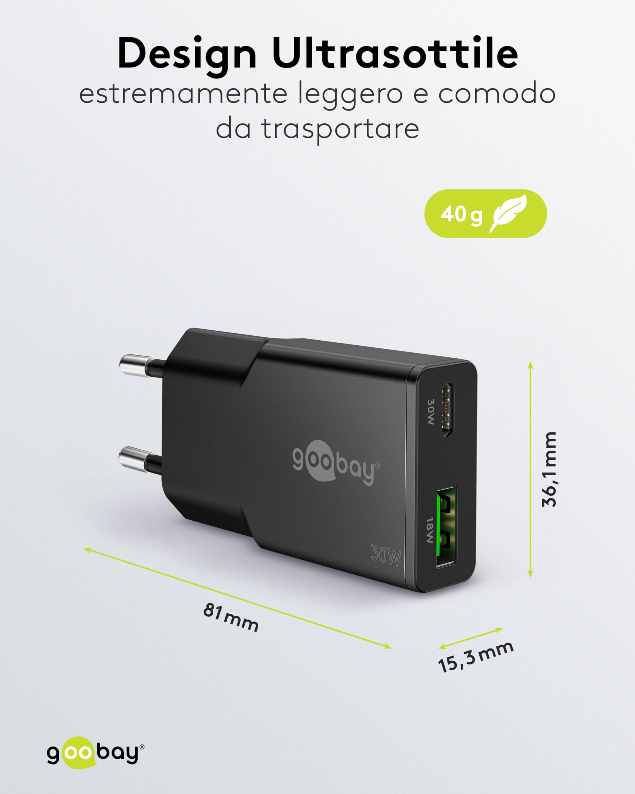 goobay Caricatore USB C GaN da 30W, adattatore di alimentazione super sottile con Power Delivery, per MacBook Air, iPhone, Samsung Galaxy, iPad Pro, Pixel - nero - 75737