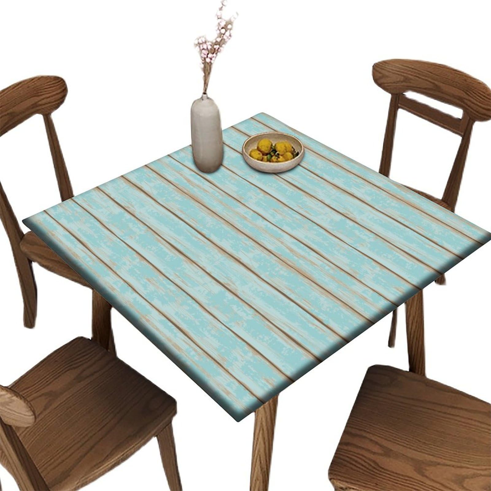 Square Elastic Edge Fitted Table Cloth, Blue Antique Wood Planks Washable Home Decor Table Cloths, for Indoor Outdoor Garden Picnic Party, 36" x 36"(
