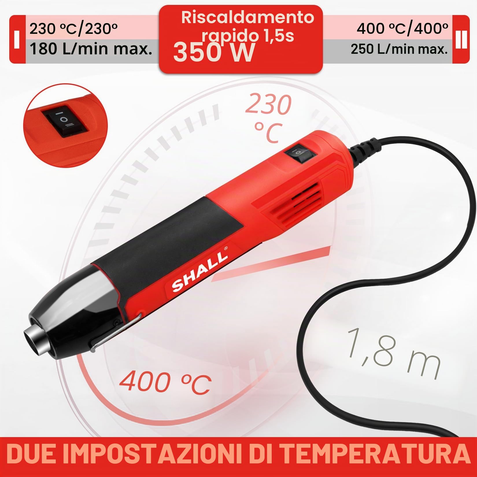 SHALL Mini set di pistole termiche, pistola termica portatile, supporto pieghevole, 2 impostazioni di temperatura 230°C/400°C, adatto per lavori artigianali, pellicola termoretraibile