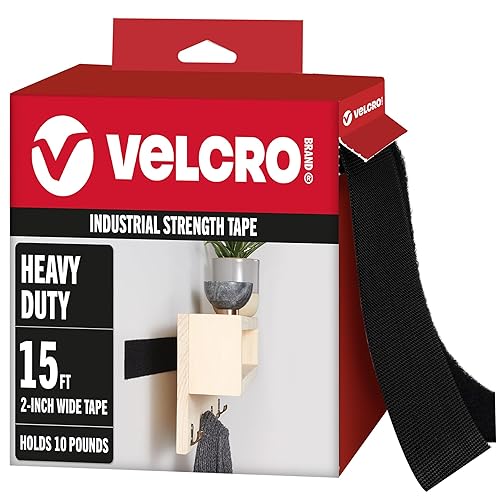 VELCRO Brand Cinta resistente con adhesivo 15 pies x 2 pulgadas Soporta 10 libras, negro Rollo de resistencia industrial, tiras de corte a