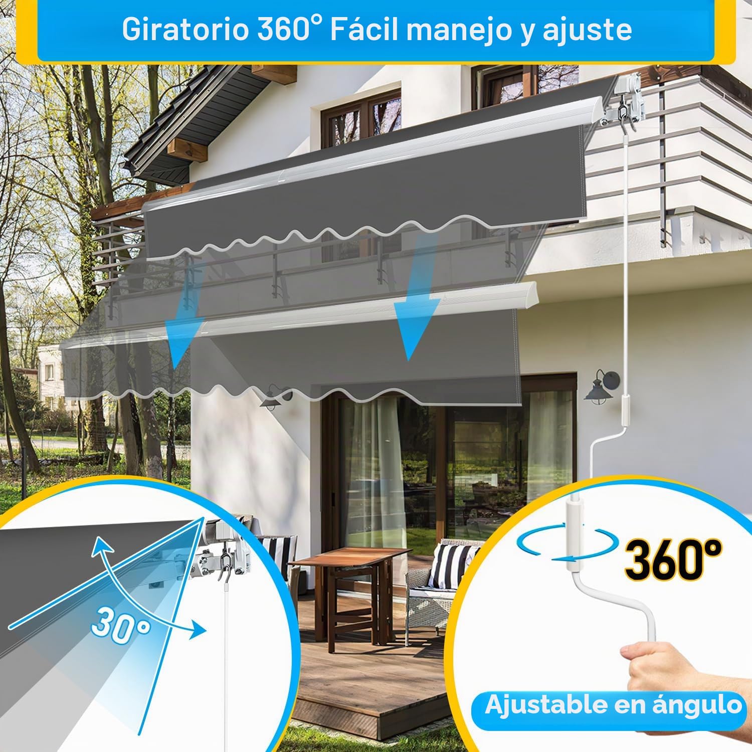 Toldo con brazo articulado, 350 x 300 cm, toldo manual con manivela, ajuste de ángulo de hasta 30 grados, protección solar, protección contra el agua, incluye soporte de pared, color gris