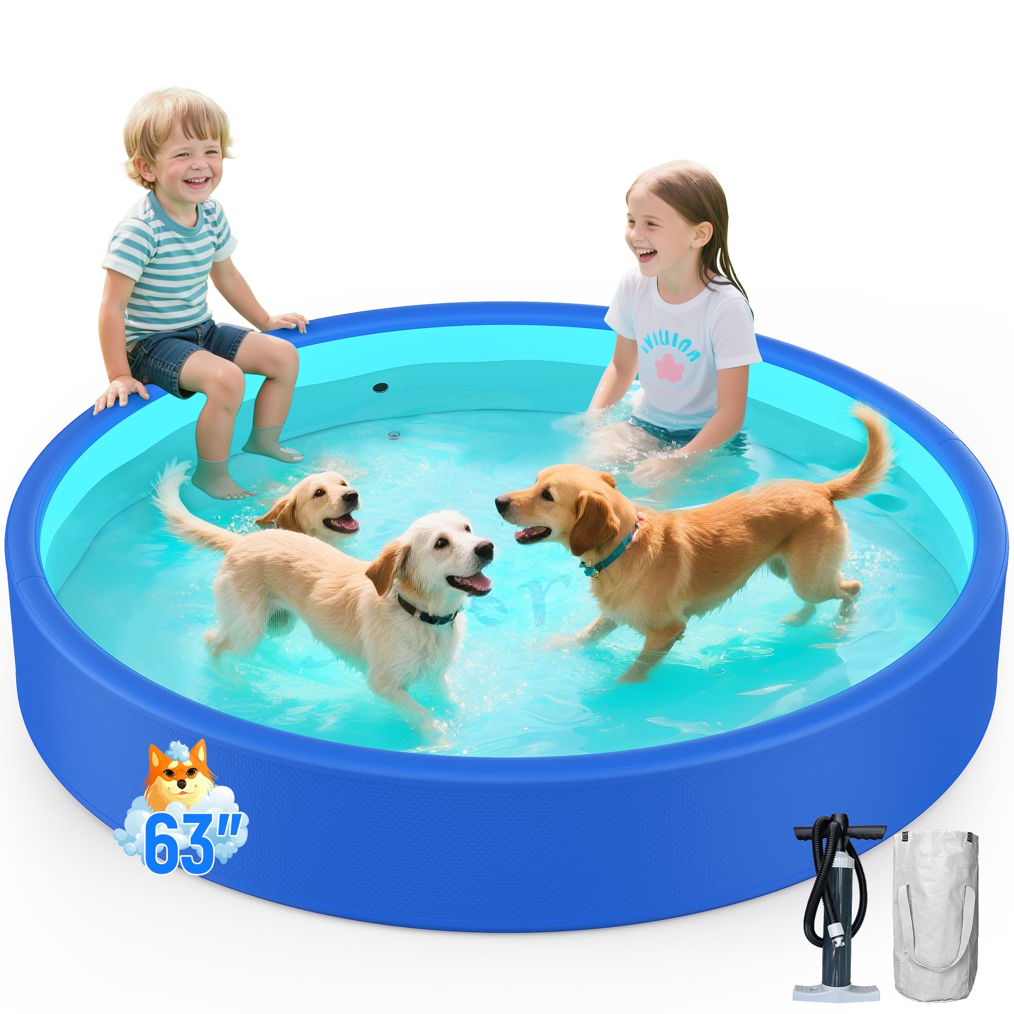 Foldable Dog Pet Bath Pool,AORJI Brushed Inflatable Dog Pet Pool Collapsible Kiddie Pool Bathing Tub Doggie Wading Pool for Small to Large Pubby Dogs Cats and Kids (63